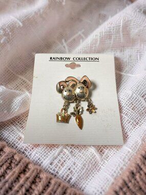 Vintage Rainbow Collection Silver & Gold Tone Mouse Brooch With Charms